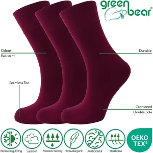 Green Bear Unisex Bamboo BURGUNDY Colour Socks-size 9-11 Cushioned Sole - Soft & Antibacterial - 3 Pack