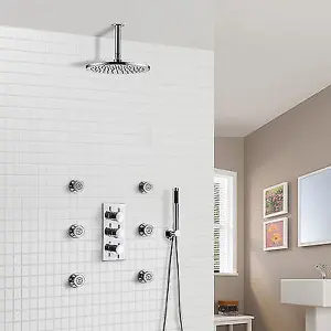 Flora 3 way 3 dial Round Concealed Thermostatic Mixer Valve, Body Jets, Shower head and handheld