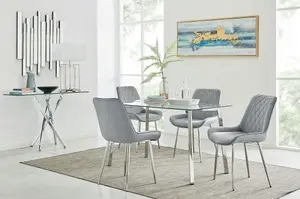 Cosmo Rectangular Chrome Metal And Glass Dining Table for Modern Dining Room With 4 Grey Velvet Pesaro Dining Chairs