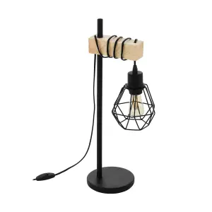 EGLO Townshend 5 Black/Natural Metal & Wood Table Lamp - Industrial Style (D) 15.5cm