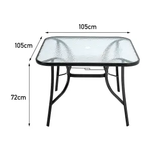 Black Square Tempered Glass Tabletop Metal Outdoor Garden Coffee Table with Parasol Hole 105 cm