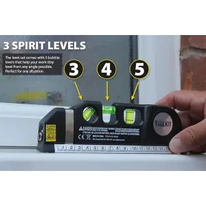 Multi-Purpose Laser Level Compact DIY Tool with 3 Bubble Spirit Levels, 3 Laser Modes & 8ft Measuring Tape - H6.3 x W19 x D2.8cm