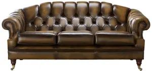 Chesterfield 3 Seater Sofa Settee Antique Tan Leather In Victoria Style