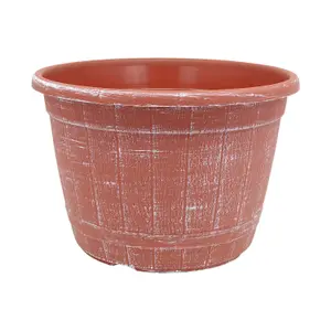 25cm Brown Pot Barrel Planter Terracotta With White Brush Effect Flower Garden