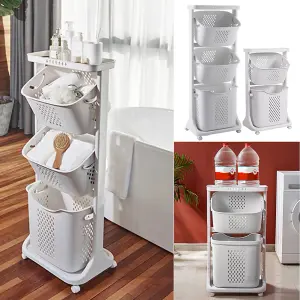 2 Tier Plastic Laundry Basket Hamper Bathroom Laundry Sorter Storage Bin Cart Clothes Organizer