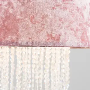 ValueLights Boland Pair of Boland Pink Velvet Cylinder Ceiling Pendant Light Shades with Clear Acrylic Droplets