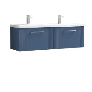 Retro 2 Drawer Wall Hung Vanity Unit with Double Ceramic Basin - 1200mm - Satin Blue - Balterley