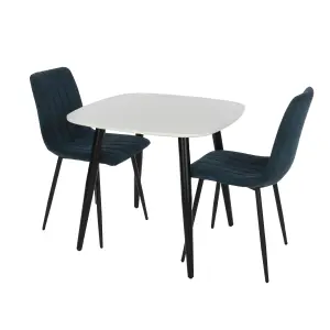 Core Products Aspen White 80cm Square Dining Table with 2 Blue Cord Fabric Straight Stitch Design Chairs