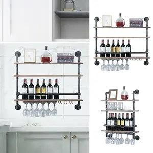 Ade Wall Mounted Wine Bottle & Glass Rack in Black/Brown