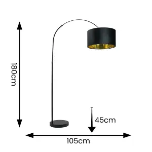 ValueLights Louis Black Arched Floor Lamp with Black Velvet Drum Metallic Gold Inner Shade and LED Bulb