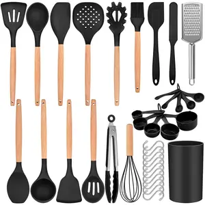 36Pcs Silicone Kitchen Utensil Set, Wooden Handle Cooking Utensils Spatula Set With Holder, Heat Resistant Kitchen Tools Safe For Non-Stick Cookware, Non-Toxic & Easy Clean, Black