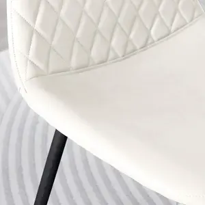 Set of 2 Corona White Soft Touch Diamond Stitched Faux Leather Black Powder Coated Leg Dining Chairs