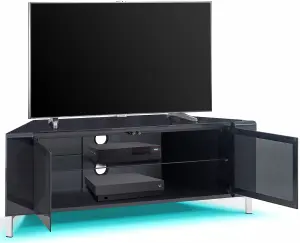 MDA Designs CORVUS Corner-Friendly Black Cabinet with BeamThru Glass Doors for Flat Screen TVs up to 50" with LED Lights