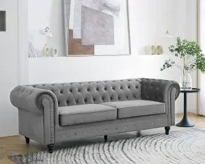 Chesterfield Pleat Velvet Fabric 3 Seater Sofa, Grey