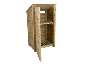 Wooden log store (roof sloping back), garden storage with shelf W-99cm, H-180cm, D-88cm - natural (light green) finish