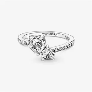 Pandora Double Heart Sparkling Ring - Sterling Silver / Cubic Zirconia - Sz. 60