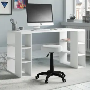 Simone Modern Desk with Built-in Bookcase – Stylish Workspace Desk with 6 Open Shelves White / White