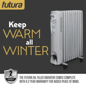 Futura Oil Filled Portable Radiator Heater 2500W 3 Heat Settings 11 Fin