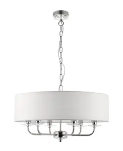 Anson Lighting Eureka 6lt Pendant light finished in Bright nickel plate and vintage white fabric