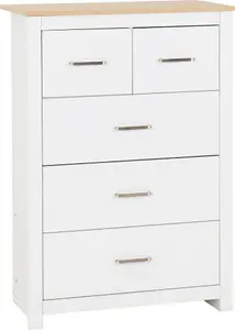 Portland 5 Drawer 3 and 2 Chest in White with Oak Effect Finish