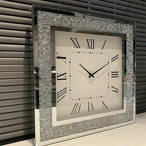 Square Diamante Wall Clock Elegant Luxury Crystal Mirror Crushed Jewel