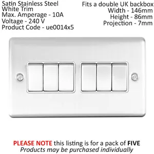 5 PACK 6 Gang Metal Multi Light Switch SATIN STEEL 2 Way 10A White Trim