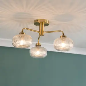 ValueLights Amaia 3 Way Ceiling Light Ribbed Glass Shade IP44 Bathroom - Gold - Bulbs Included