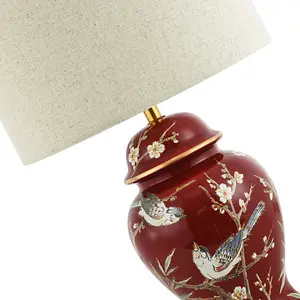 Classic Ceramic Lamp Base in Glossy Dark Burgundy with Birds and Floral Decor