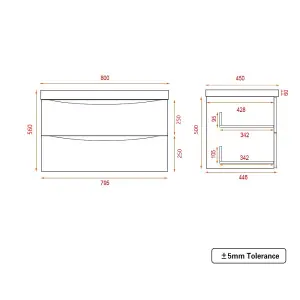 SunDaze 800mm Gloss Grey 2 Drawer Wall Hung Bathroom Cabinet Vanity Unit