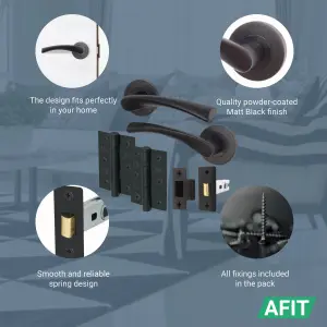 AFIT Matt Black Door Handle Latch set - Round Internal Door Handles, Latch (64mm), Hinges (76mm) Matt Black Lever on Rose Novi