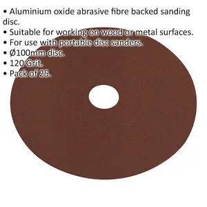 25 Pack 100mm Fibre Backed Sanding Discs - Premium 120 Grit Aluminium Oxide Sheets for Wood and Metal