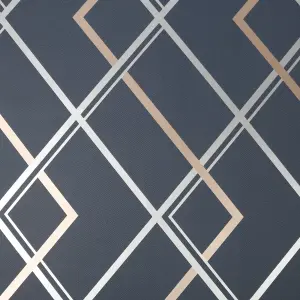 GoodHome Ashbourne Blue Metallic effect Geometric Smooth Wallpaper