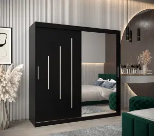 Stylish Black York II Sliding Door Wardrobe W2000mm H2000mm D620mm - Mirrored Storage with Silver Handles