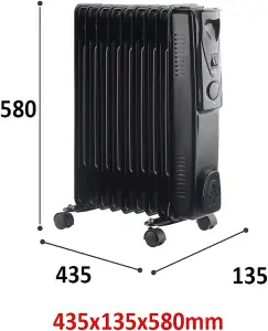 9 Fin 2kW Oil Filled Radiator, Black