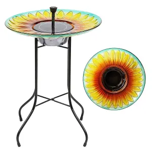 16 Inch Brightly Painted Solar Powered Sunflower Bird Bath Fountain - Pond Décor - Steel Stand With Non-slip Feet - Solar Powered