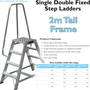 1.2m Heavy Duty Double Sided Fixed Step Ladders Safety Handrail & Wide Platform