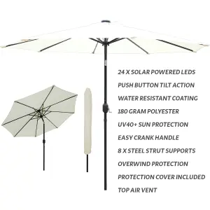 GlamHaus Garden Parasol Solar LED 2.7M ,Tilting Table Umbrella with Crank Handle, Protection UV40, Includes Parasol Cover- Cream