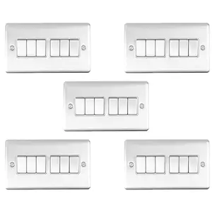 5 PACK 6 Gang Metal Multi Light Switch SATIN STEEL 2 Way 10A White Trim