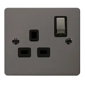 Flat Plate Black Nickel 1 Gang 13A DP Ingot Switched Plug Socket - Black Trim - SE Home