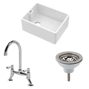 Fireclay Kitchen Bundle - Single Bowl Belfast Sink, Strainer Waste & Bridge Mixer Tap, 595mm - Chrome - Balterley