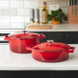 Cast Iron Casserole Set of 2 26cm & 28cm / 4.3L & 5.8L Dishes Oven Proof Enamelled Cast Iron Pans with Lids