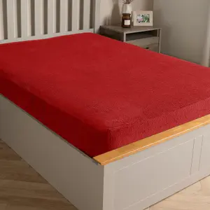 Brentfords Teddy Fleece FITTED Bed Sheet Soft Thermal, Red - Single