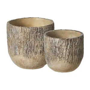 Ceramic Plant Pot with a Rustic Carved Wood Like Texture  - Brown (Dia) 13 cm