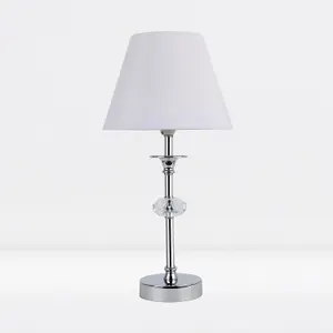 First Choice Lighting Chrome Plated Stacked Bedside Table Light Faceted Acrylic Detail White Fabric Shade