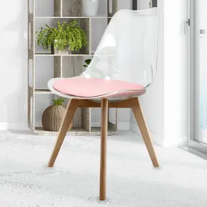 Soho Clear and Blush Pink Plastic Dining Chair with Squared Light Wood Legs