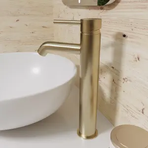 Nes Home Countertop Brushed Brass Tall Round Single Lever Basin Mono Mixer Tap