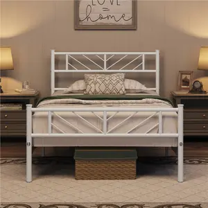 Minimalist Metal Slatted Bed Platform with Arrow Design Headboard White / Single (3')