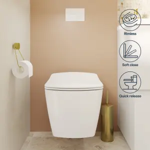 GoodHome Levanna White Rimless Wall hung Square Toilet pan with Soft close seat