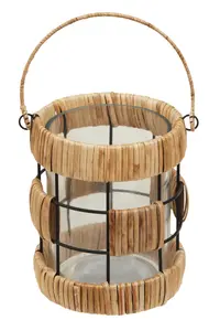 Interiors by Premier Natural Rattan Small Lantern, Rustic and Stylish Glass Lantern, Black Metal and Clear Glass Candle Lantern