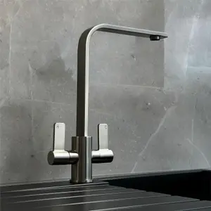 Liquida EB400BS Flat Style Modern Dual Lever Brushed Steel Kitchen Mixer Tap